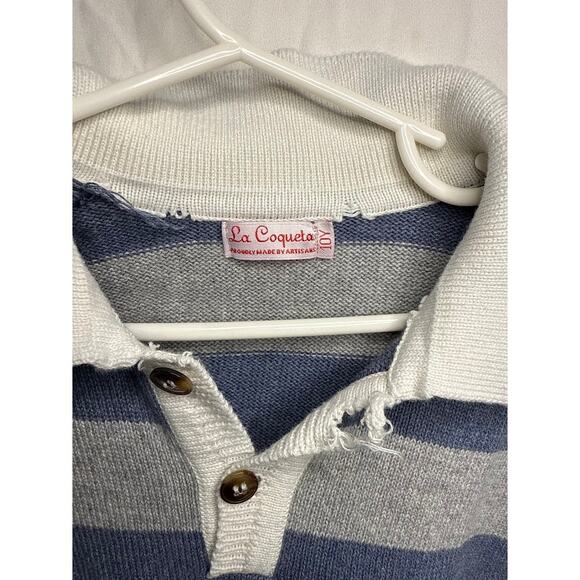 La Coqueta Blue Gray Striped Collared Knit Sweater | child’s Rugby Pullover - Picture 3 of 3